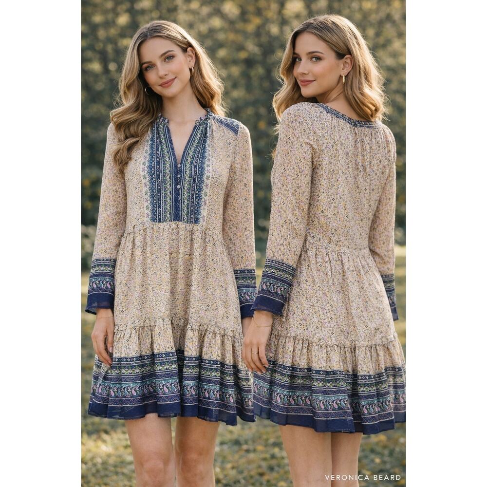 Veronica Beard Silk Blend Dress Sz 2 Boho Floral Long Sleeve Tiered Mini